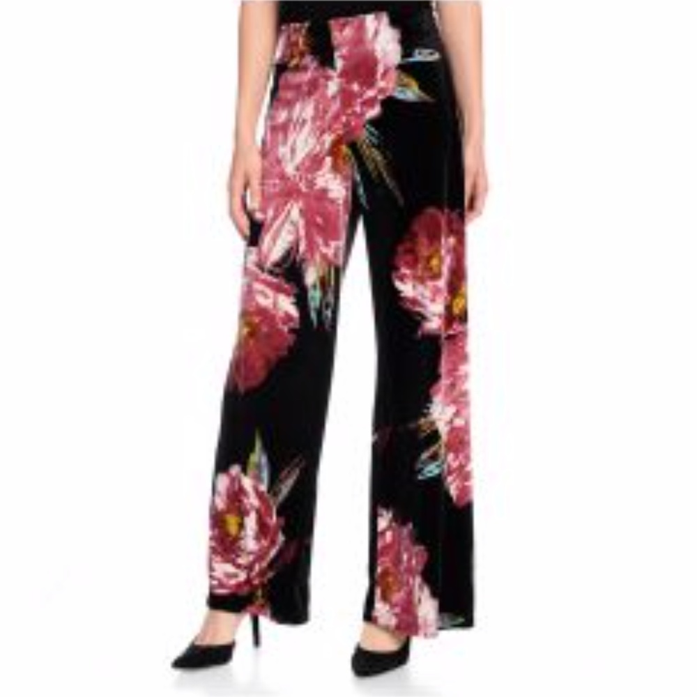 Mod x Black and Pink Floral Pants Velour Feel NWOT